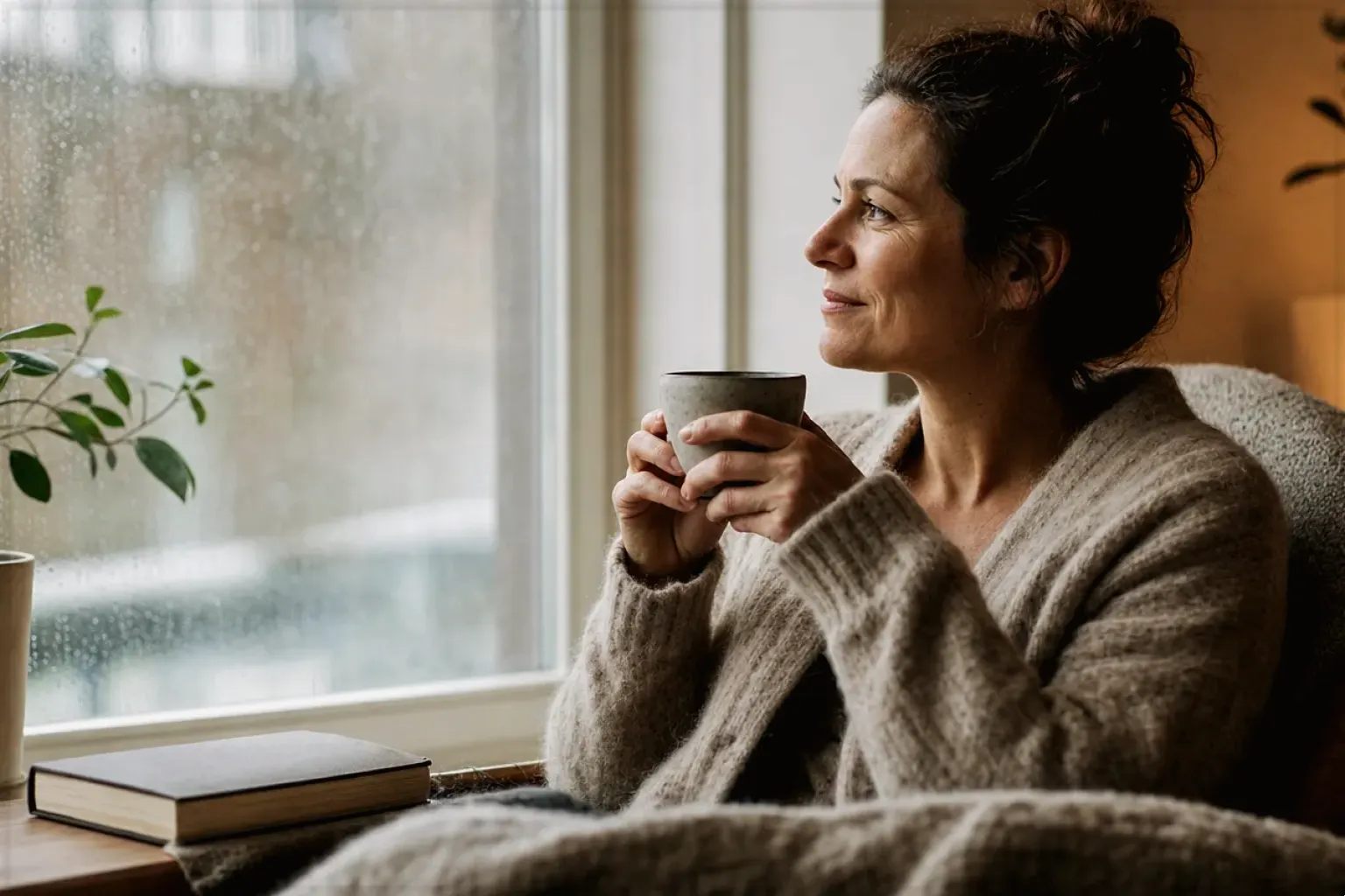 Eine Frau genießt an einem regnerischen Nachmittag ruhig eine Tasse Kaffee am Fenster – gezeigt für Melitta AromaFresh II Therm im Produktprofil.