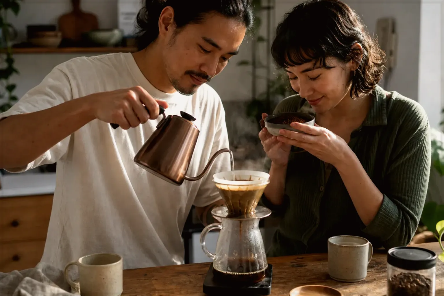 Zwei Menschen bereiten am Wochenende gemeinsam Filterkaffee mit einem Handfilter zu – gezeigt für Melitta AromaFresh II Therm im Produktprofil.