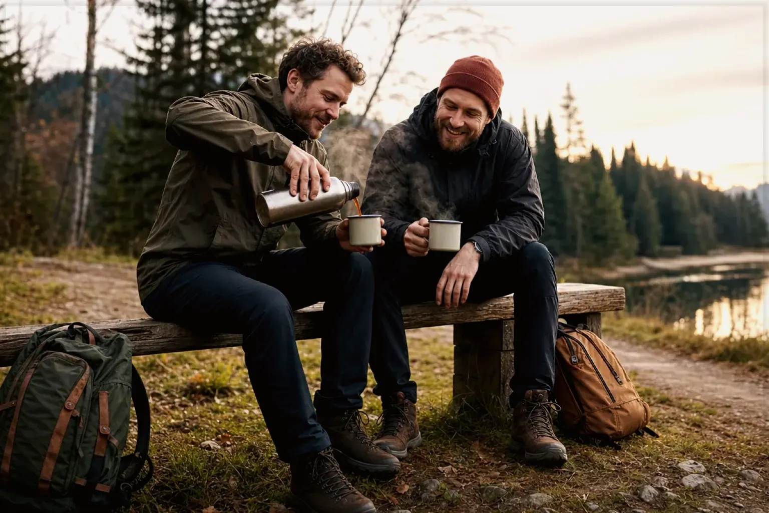 Zwei Freunde teilen auf einer Wanderung heißen Kaffee aus einer Thermoskanne am See – gezeigt für Melitta AromaFresh II Therm im Produktprofil.