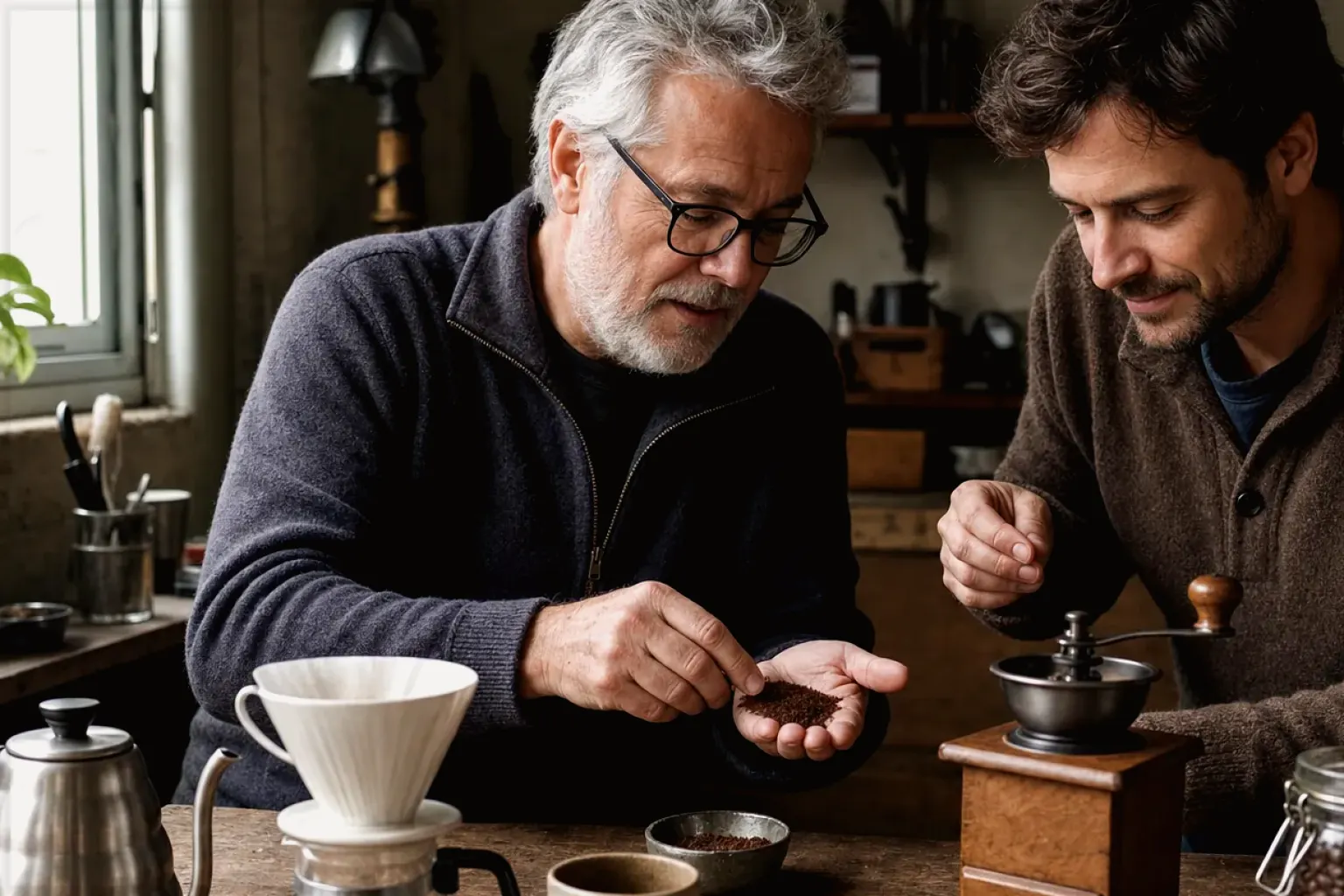 Ein älterer Kaffeeliebhaber zeigt einem jüngeren Erwachsenen gemahlenen Kaffee neben Handmühle und Filter – gezeigt für Melitta AromaFresh II Therm im Produktprofil.