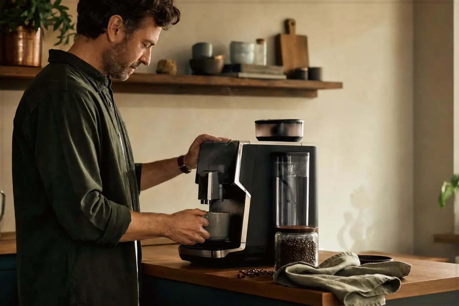Ein Mann bereitet morgens Kaffee in seiner Küche zu – gezeigt für Melitta AromaFresh II Therm im Produktprofil.