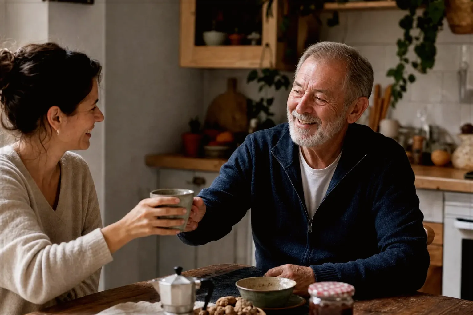 Eine erwachsene Tochter und ihr älterer Vater lachen gemeinsam beim Kaffee in ihrer Küche – gezeigt für Melitta AromaFresh II Therm im Produktprofil.