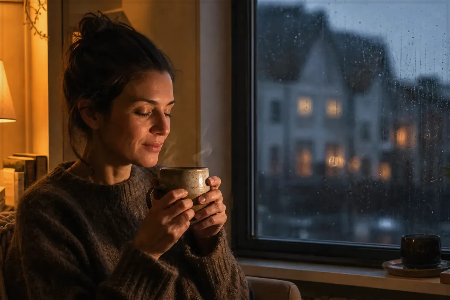 Eine Frau genießt an einem regnerischen Abend ruhig eine warme Tasse Kaffee am Fenster – gezeigt für Melitta AromaFresh II Therm im Produktprofil.