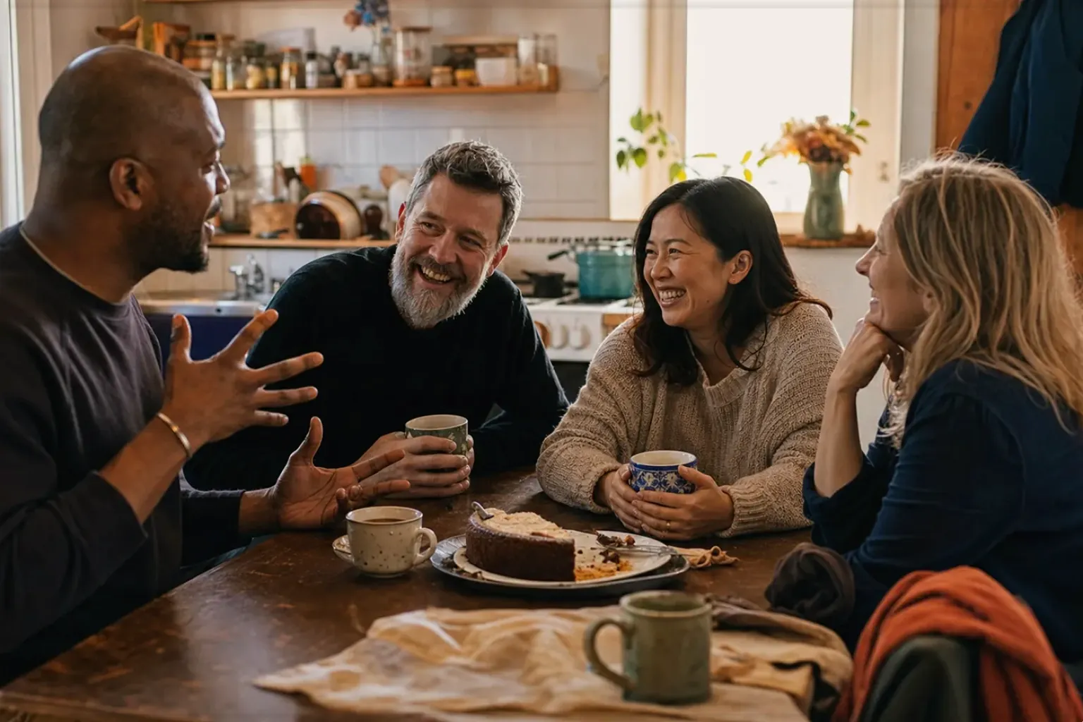 Vier erwachsene Freunde lachen gemeinsam bei Kaffee und selbst gebackenem Kuchen – gezeigt für Melitta AromaFresh II Therm im Produktprofil.