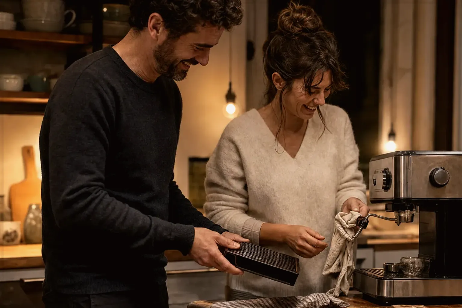 Ein Paar reinigt am Abend gemeinsam und gut gelaunt seine Espressomaschine in der Küche – gezeigt für Melitta AromaFresh II Therm im Produktprofil.