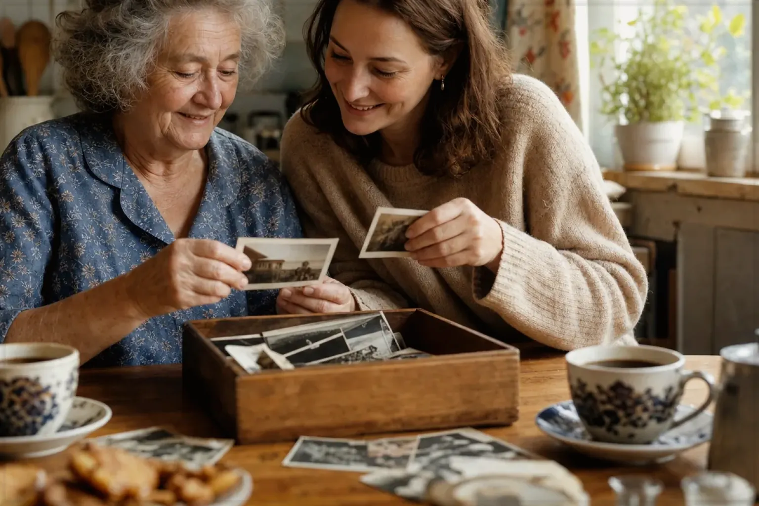 Eine ältere Frau und ihre erwachsene Enkelin betrachten bei Kaffee gemeinsam alte Familienfotos – gezeigt für Melitta AromaFresh II Therm im Produktprofil.