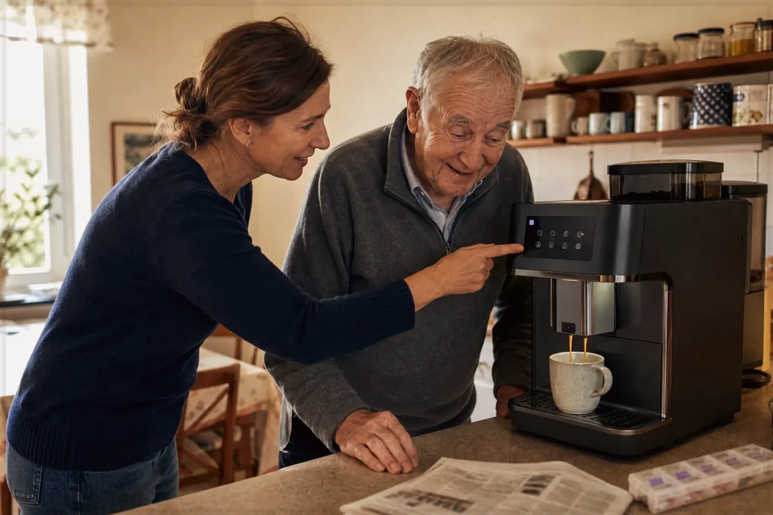 Eine erwachsene Tochter erklärt ihrem Vater verständlich die Bedienung eines Kaffeevollautomaten.