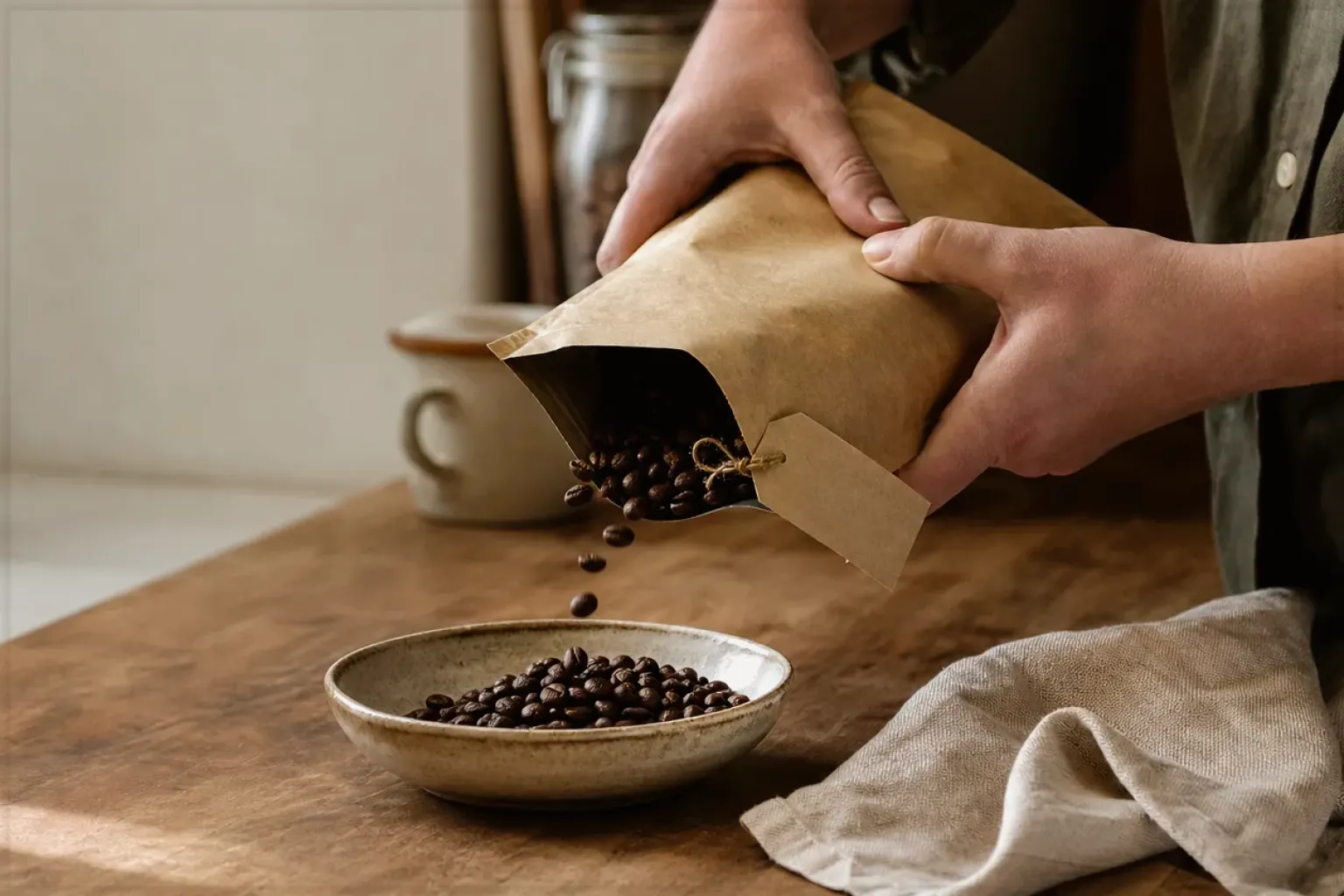 Hände füllen frisch geröstete Kaffeebohnen aus einer Papiertüte in eine Keramikschale – gezeigt für Mount Hagen Barista Espresso im Produktprofil.