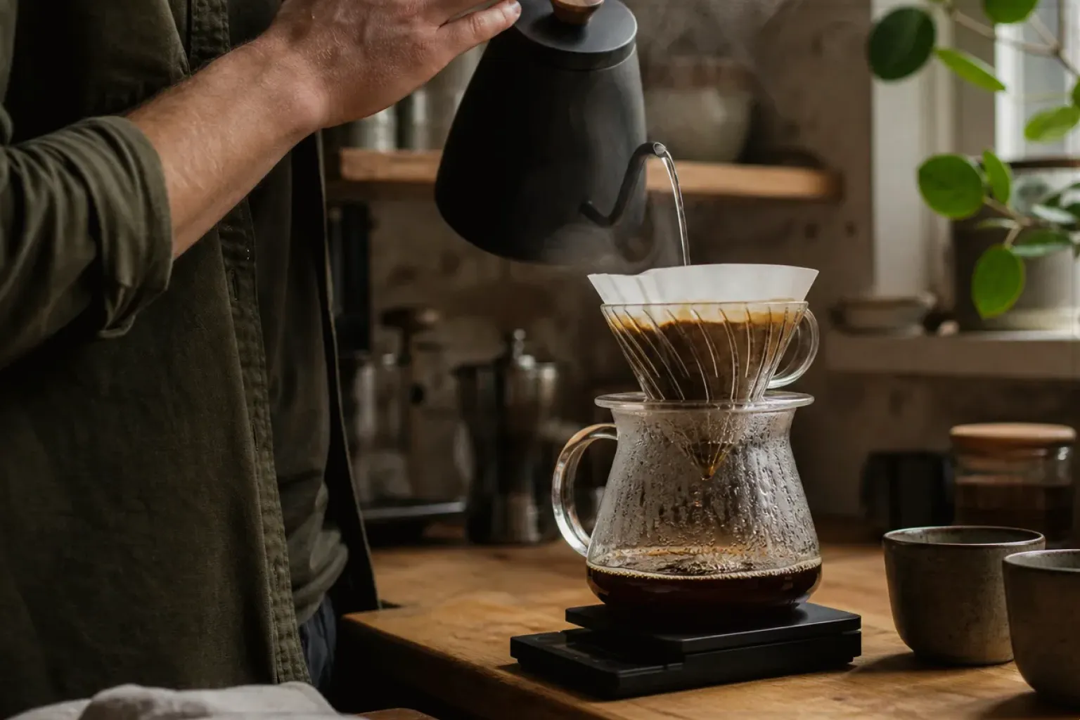 Filterkaffee wird mit einem Schwanenhalskessel von Hand in einer Küche aufgegossen – gezeigt für Mount Hagen Barista Espresso im Produktprofil.