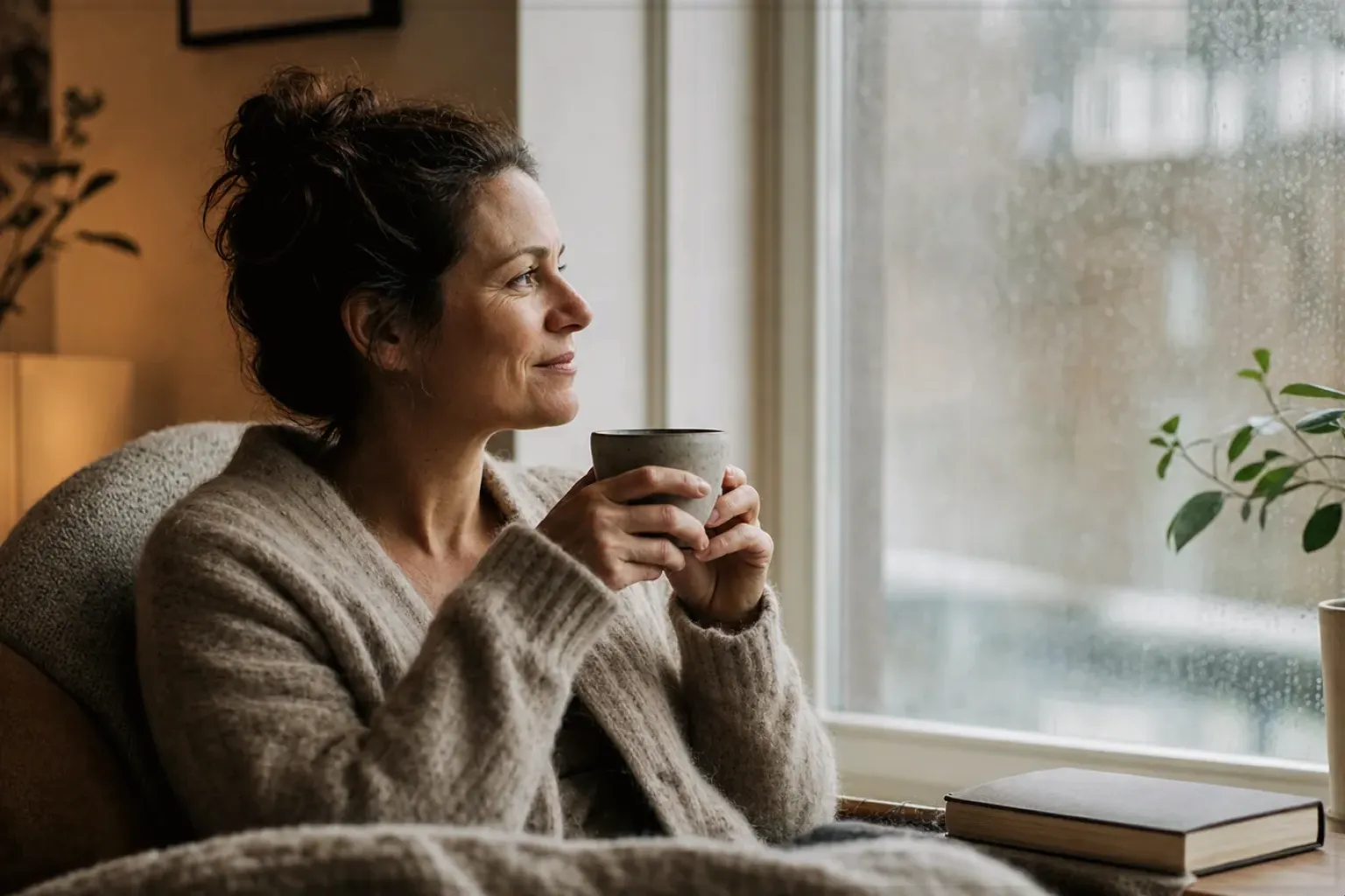 Eine Frau genießt an einem regnerischen Nachmittag ruhig eine Tasse Kaffee am Fenster – gezeigt für Mount Hagen Barista Espresso im Produktprofil.