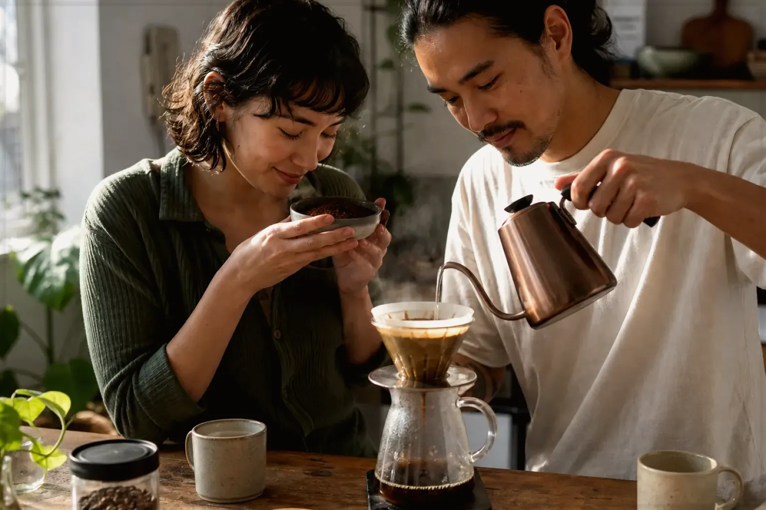 Zwei Menschen bereiten am Wochenende gemeinsam Filterkaffee mit einem Handfilter zu – gezeigt für Mount Hagen Barista Espresso im Produktprofil.