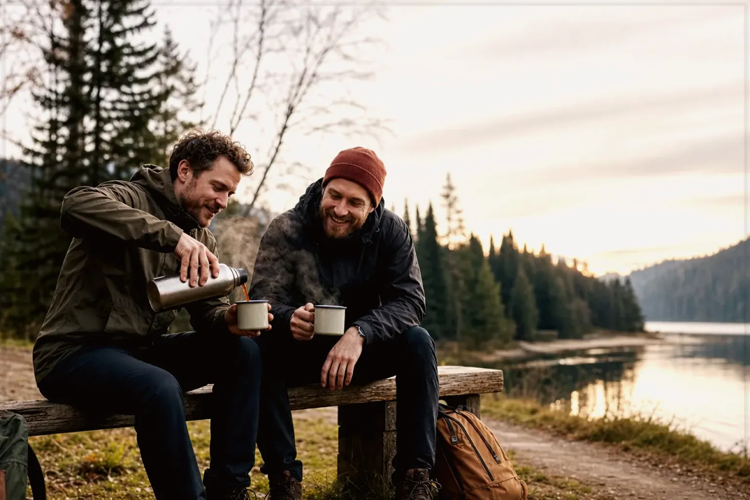 Zwei Freunde teilen auf einer Wanderung heißen Kaffee aus einer Thermoskanne am See – gezeigt für Mount Hagen Barista Espresso im Produktprofil.