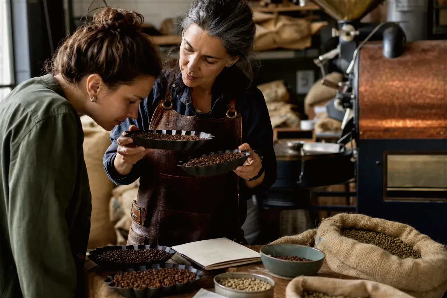Eine Kaffeerösterin lässt eine Kundin in einer kleinen Rösterei verschiedene frisch geröstete Bohnen riechen – gezeigt für Mount Hagen Barista Espresso im Produktprofil.