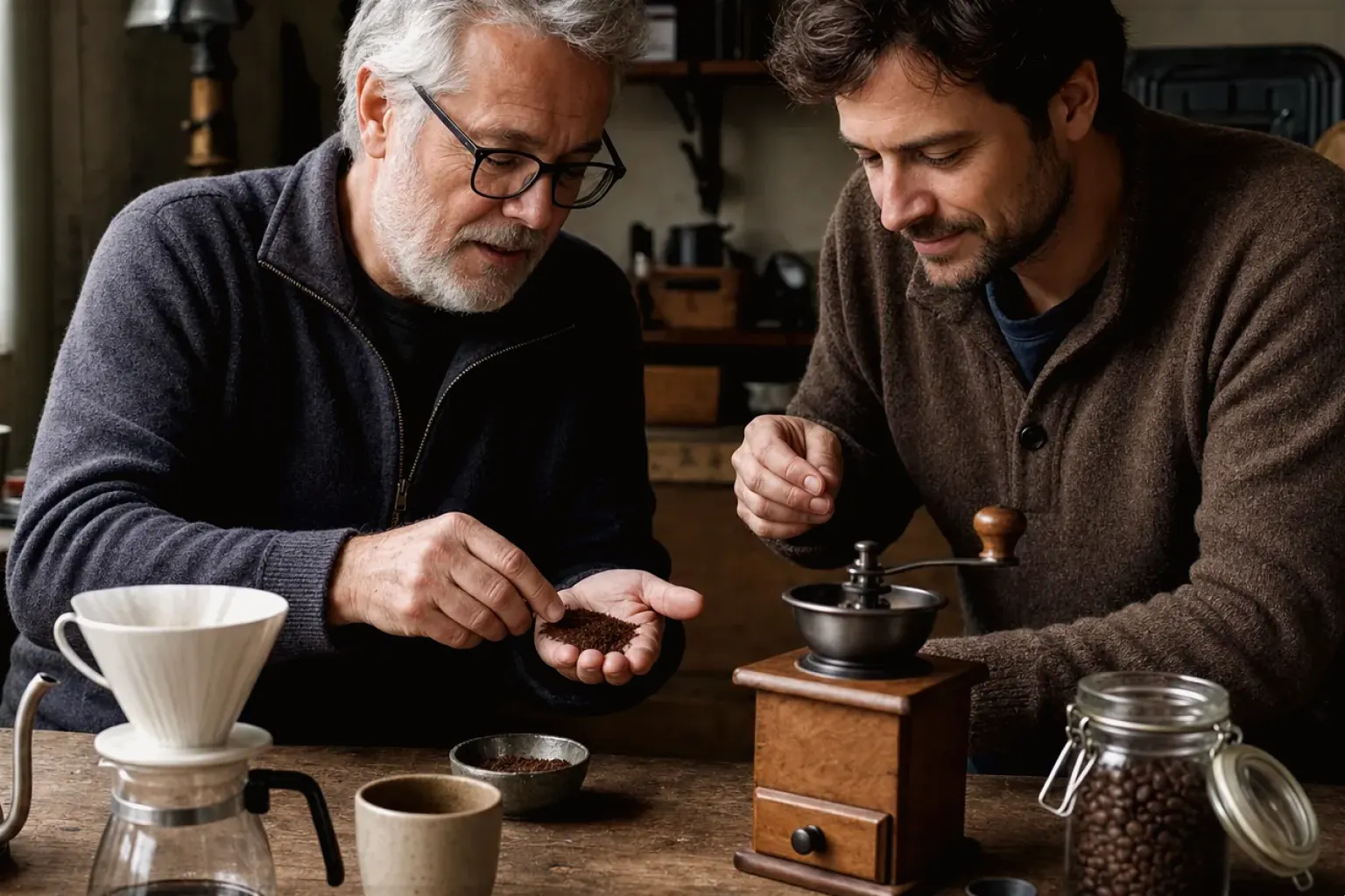 Ein älterer Kaffeeliebhaber zeigt einem jüngeren Erwachsenen gemahlenen Kaffee neben Handmühle und Filter – gezeigt für Mount Hagen Barista Espresso im Produktprofil.