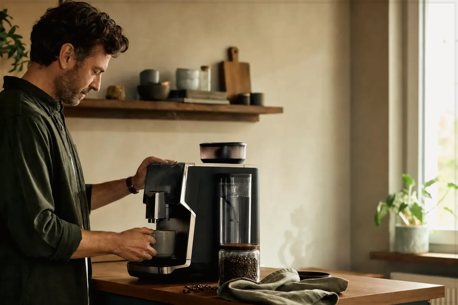Ein Mann bereitet morgens Kaffee in seiner Küche zu – gezeigt für Mount Hagen Barista Espresso im Produktprofil.