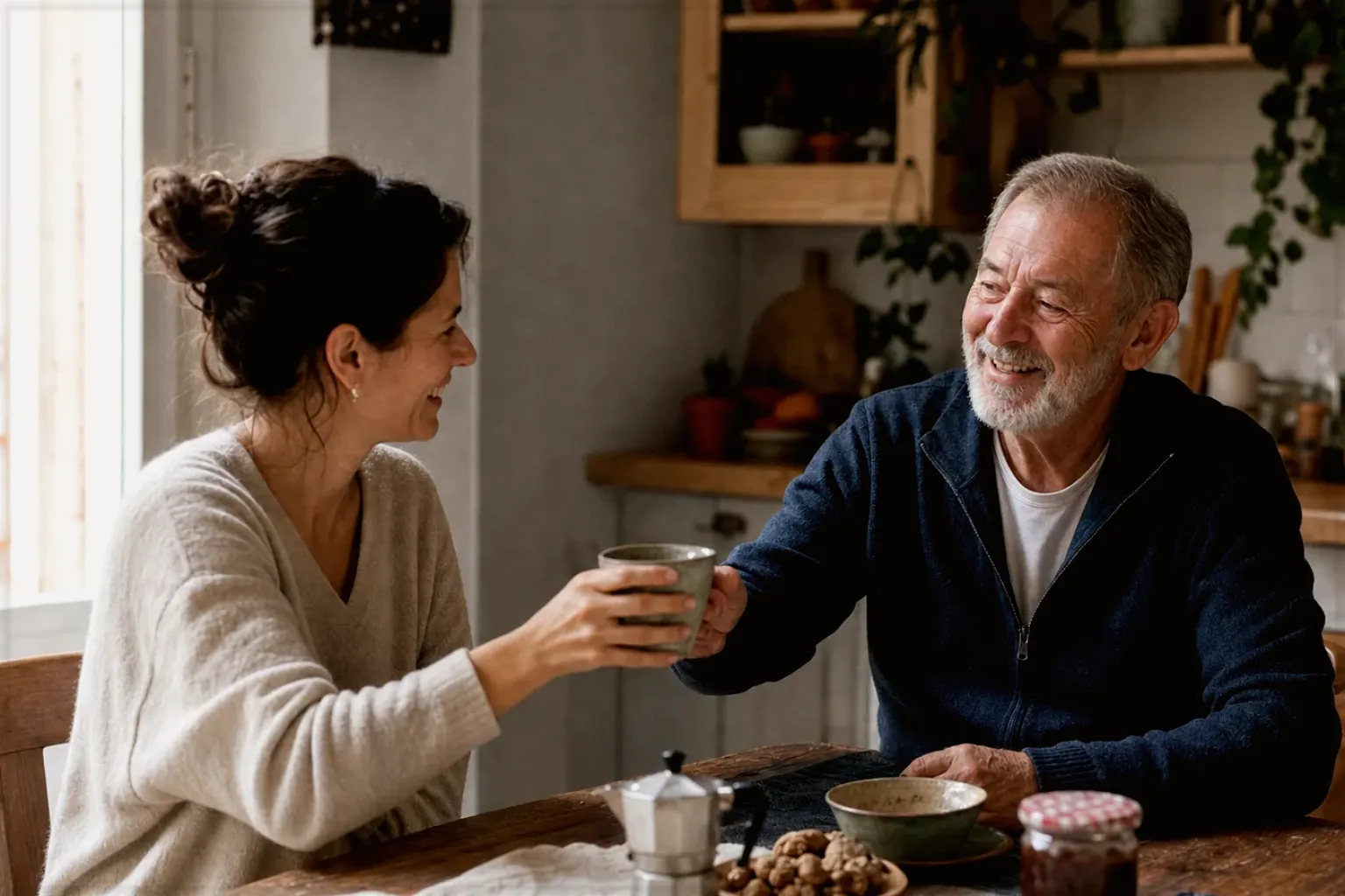 Eine erwachsene Tochter und ihr älterer Vater lachen gemeinsam beim Kaffee in ihrer Küche – gezeigt für Mount Hagen Barista Espresso im Produktprofil.