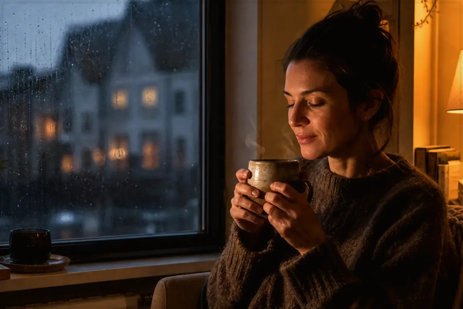 Eine Frau genießt an einem regnerischen Abend ruhig eine warme Tasse Kaffee am Fenster – gezeigt für Mount Hagen Barista Espresso im Produktprofil.