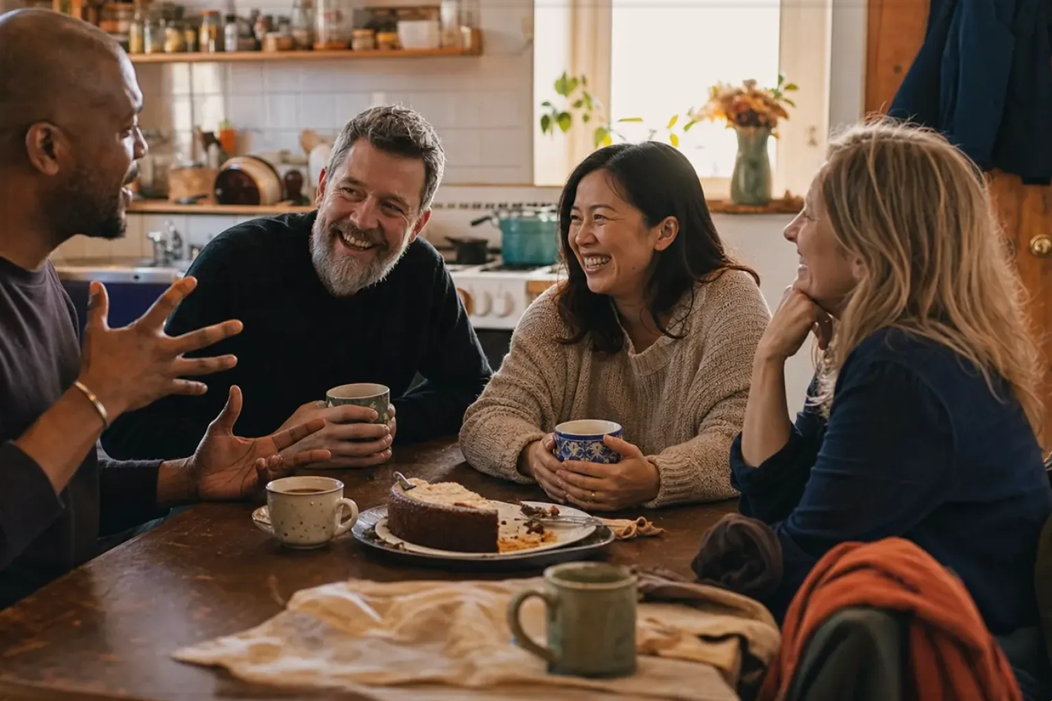 Vier erwachsene Freunde lachen gemeinsam bei Kaffee und selbst gebackenem Kuchen – gezeigt für Mount Hagen Barista Espresso im Produktprofil.