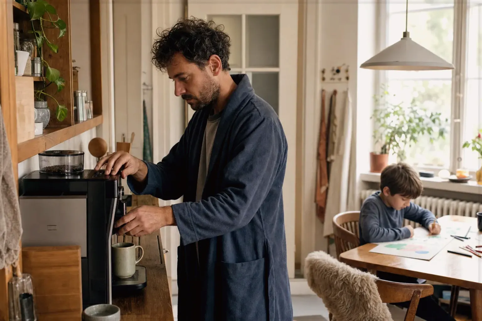 Ein Vater bereitet morgens Kaffee zu, während sein Kind am Küchentisch malt – gezeigt für Mount Hagen Barista Espresso im Produktprofil.