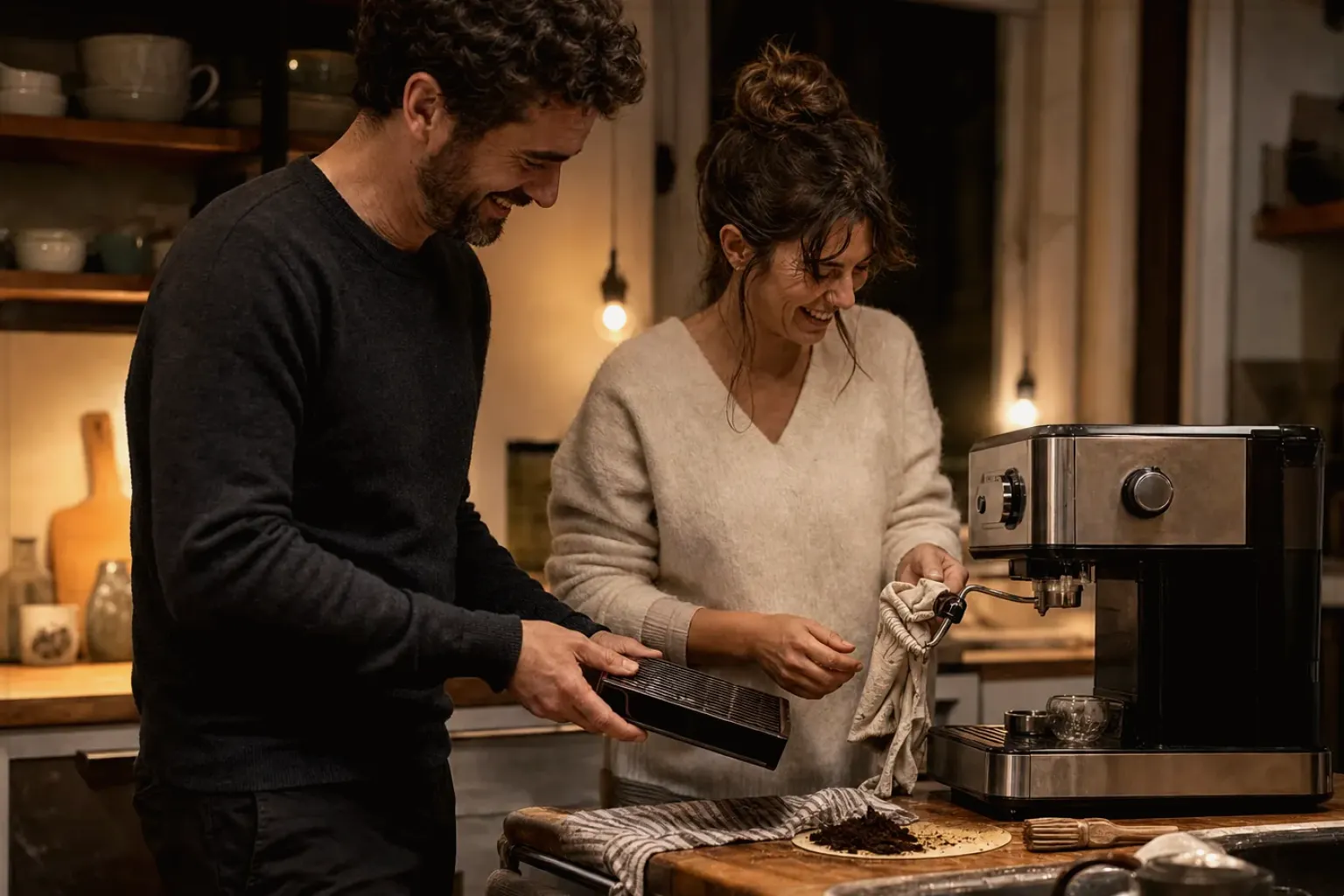 Ein Paar reinigt am Abend gemeinsam und gut gelaunt seine Espressomaschine in der Küche – gezeigt für Mount Hagen Barista Espresso im Produktprofil.