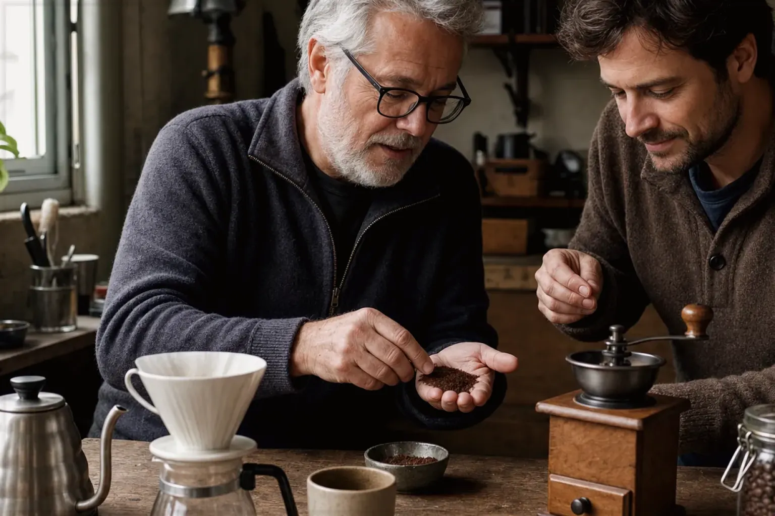 Ein erfahrener Kaffeeliebhaber erklärt einem jüngeren Erwachsenen Mahlgrad und Kaffeetextur.