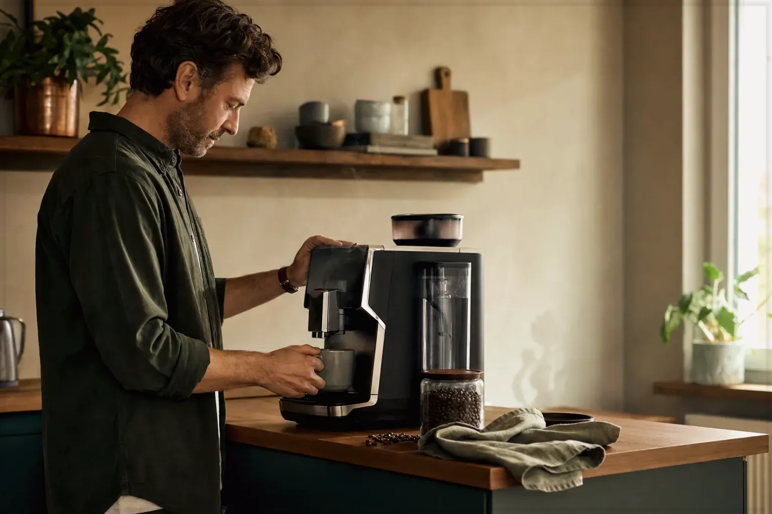 Ein Mann bereitet morgens Kaffee an einem Vollautomaten in seiner Küche zu – gezeigt für Philips Series 5500 LatteGo EP5547/90 im Produktprofil.