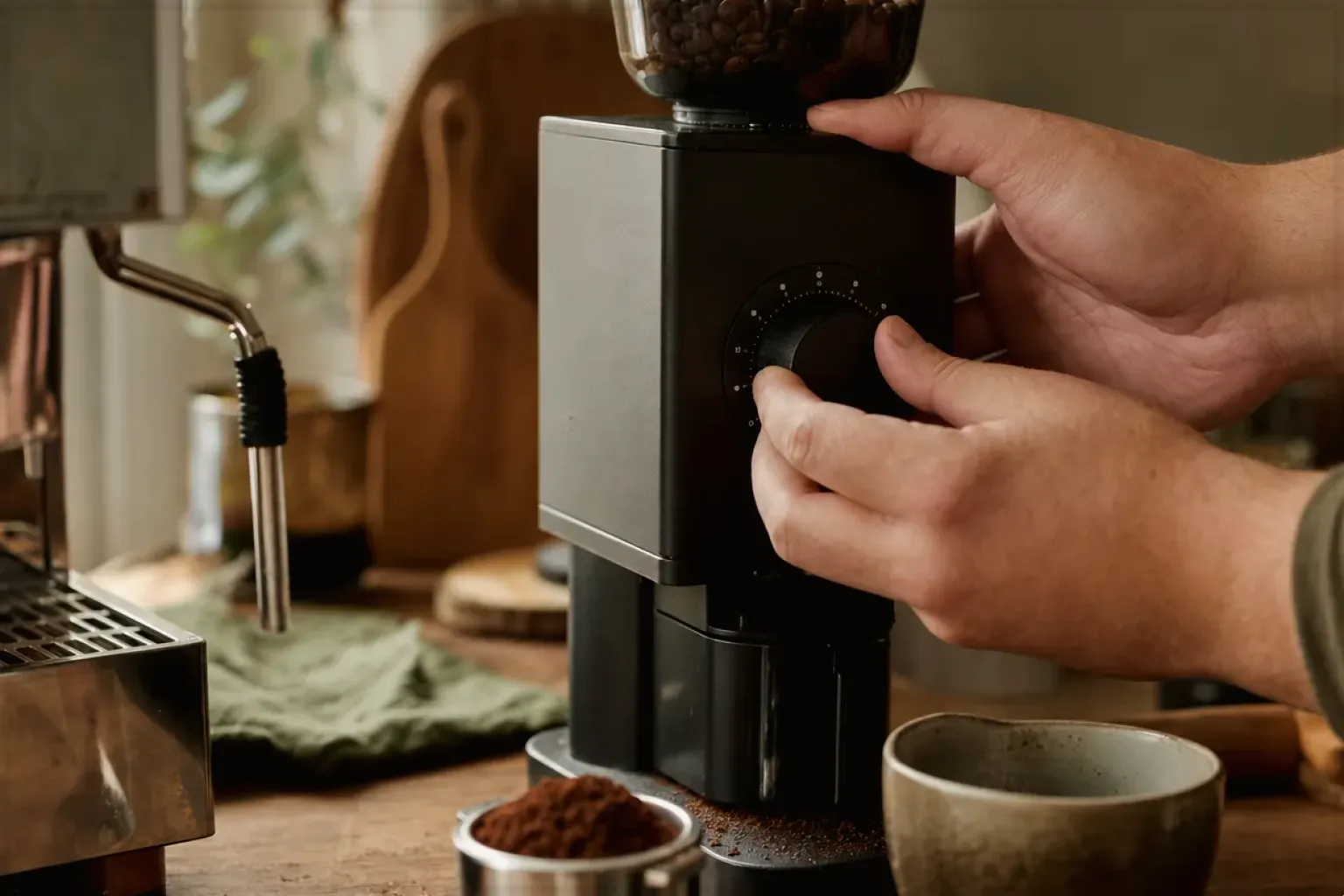 Zwei Hände stellen den Mahlgrad an einer Kaffeemühle neben einer Espressomaschine ein – gezeigt für Philips Series 5500 LatteGo EP5547/90 im Produktprofil.
