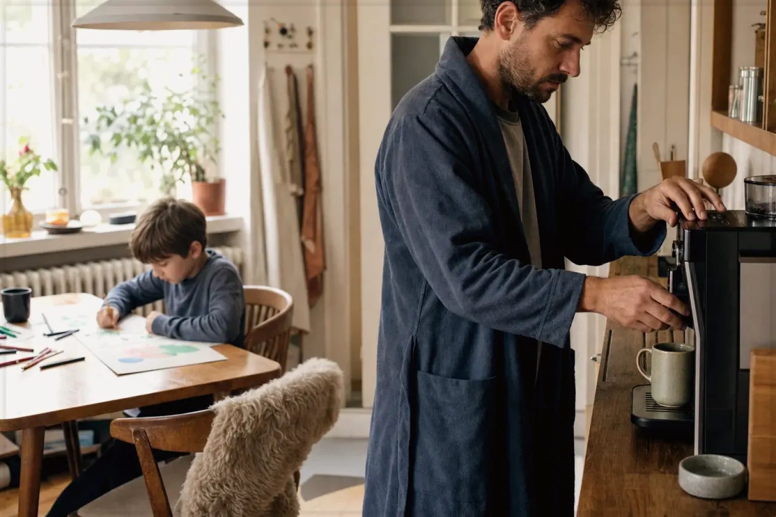 Ein Vater bereitet morgens Kaffee am Vollautomaten zu, während sein Kind am Küchentisch malt – gezeigt für Philips Series 5500 LatteGo EP5547/90 im Produktprofil.