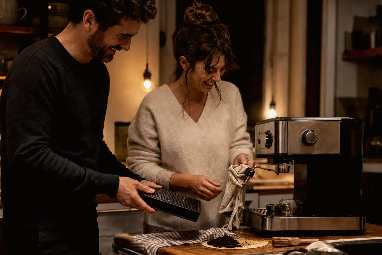 Ein Paar reinigt am Abend gemeinsam und gut gelaunt seine Espressomaschine in der Küche – gezeigt für Philips Series 5500 LatteGo EP5547/90 im Produktprofil.