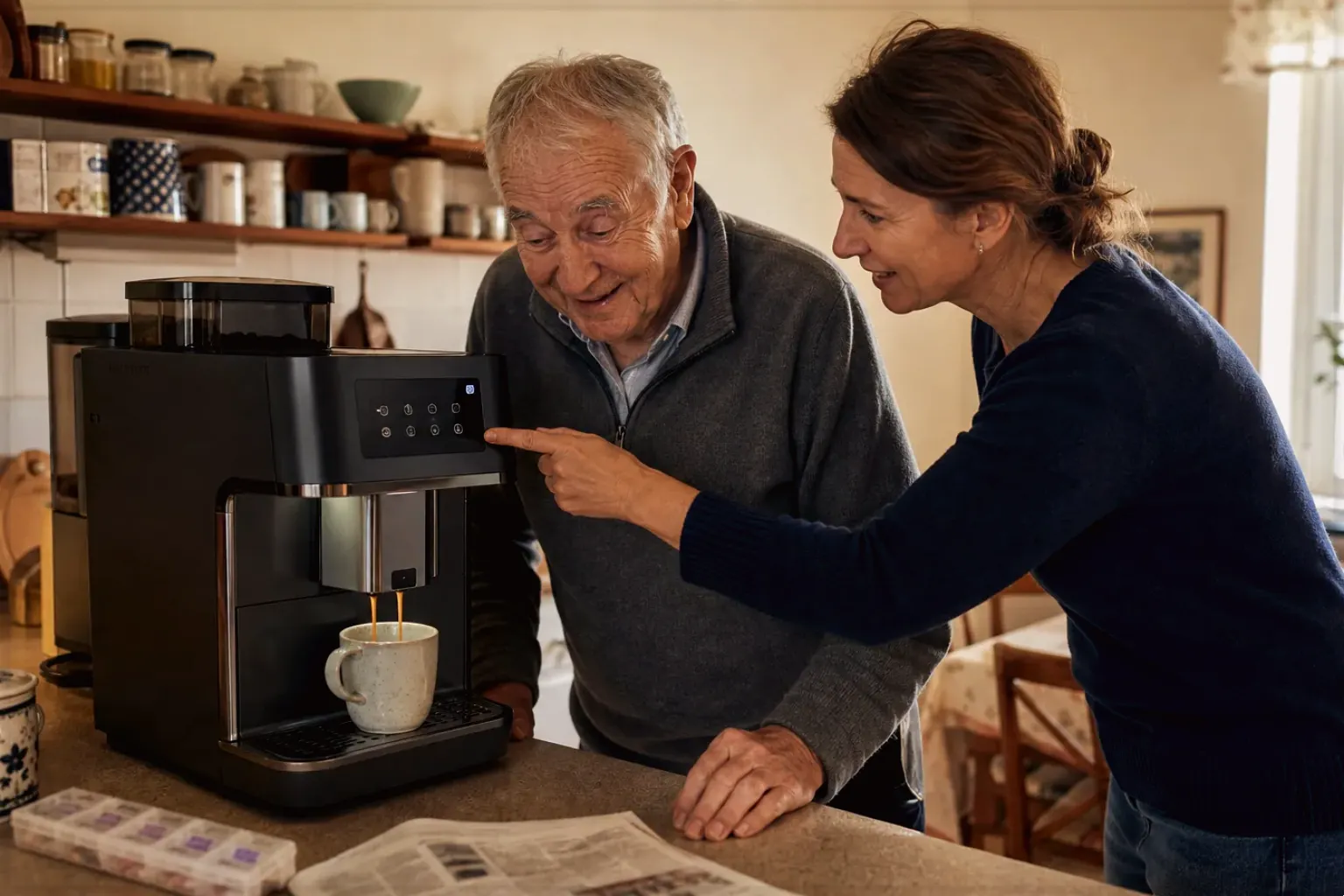 Eine erwachsene Tochter erklärt ihrem älteren Vater in seiner Küche einen Kaffeevollautomaten – gezeigt für Philips Series 5500 LatteGo EP5547/90 im Produktprofil.