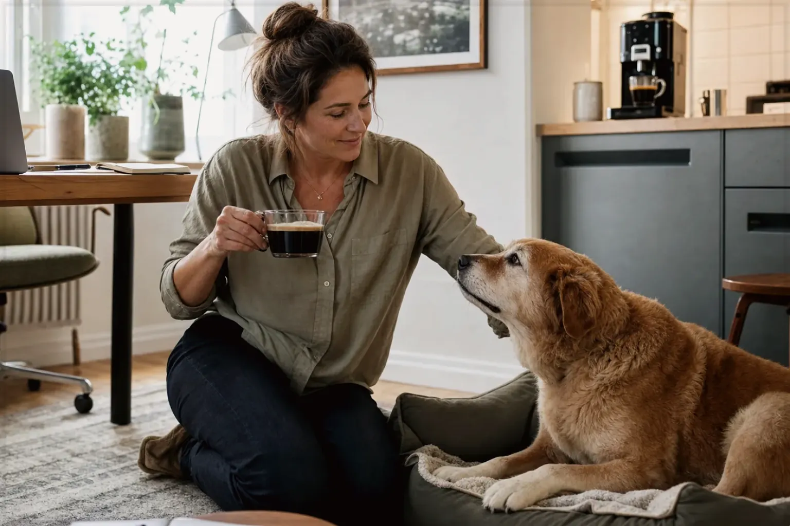 Eine Frau genießt im Homeoffice eine Kaffeepause bei ihrem älteren Hund – gezeigt für Philips Series 5500 LatteGo EP5547/90 im Produktprofil.