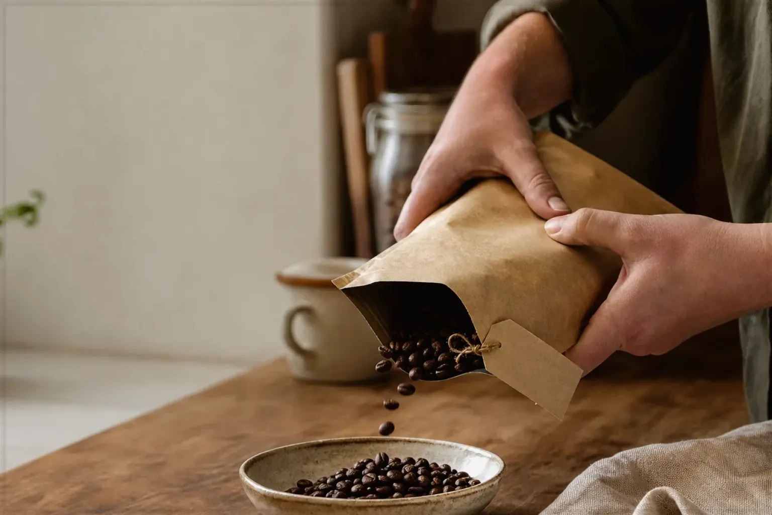 Hände füllen frisch geröstete Kaffeebohnen aus einer Papiertüte in eine Keramikschale – gezeigt für Philips Series 5500 LatteGo EP5547/90 im Produktprofil.
