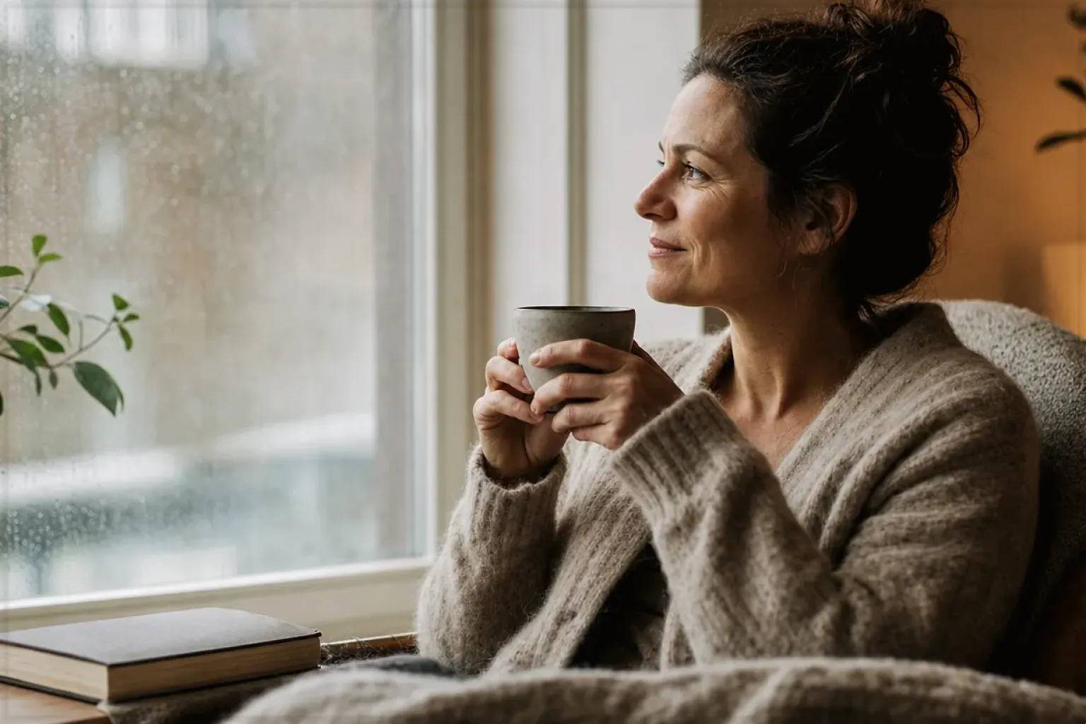 Eine Frau genießt an einem regnerischen Nachmittag ruhig eine Tasse Kaffee am Fenster – gezeigt für Philips Series 5500 LatteGo EP5547/90 im Produktprofil.