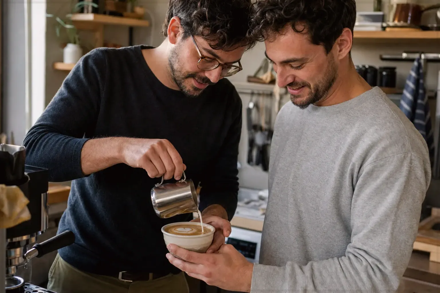Zwei Freunde freuen sich in einer kleinen Küche über ihre gemeinsam gegossene Latte Art – gezeigt für Philips Series 5500 LatteGo EP5547/90 im Produktprofil.