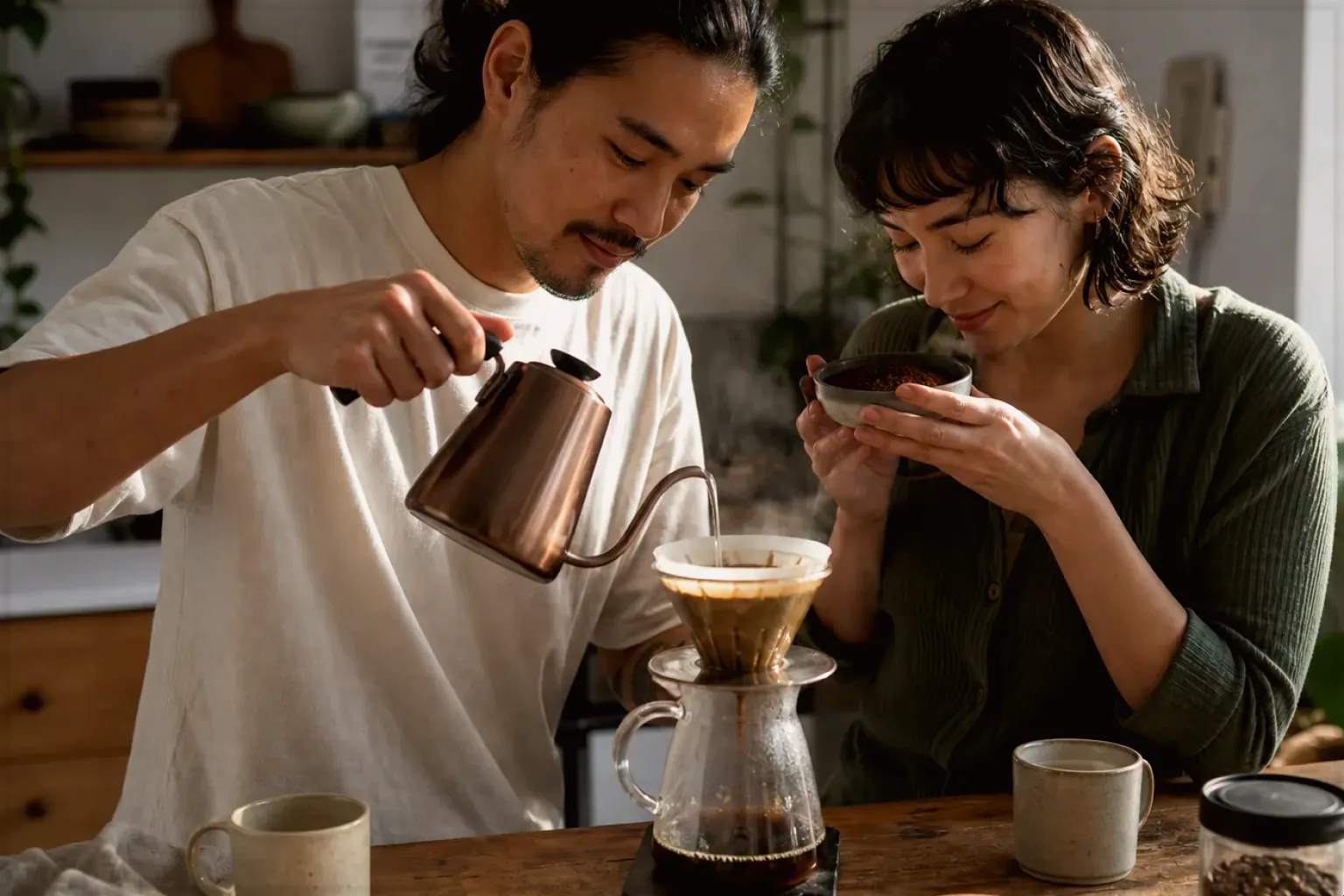 Zwei Menschen bereiten am Wochenende gemeinsam Filterkaffee mit einem Handfilter zu – gezeigt für Philips Series 5500 LatteGo EP5547/90 im Produktprofil.