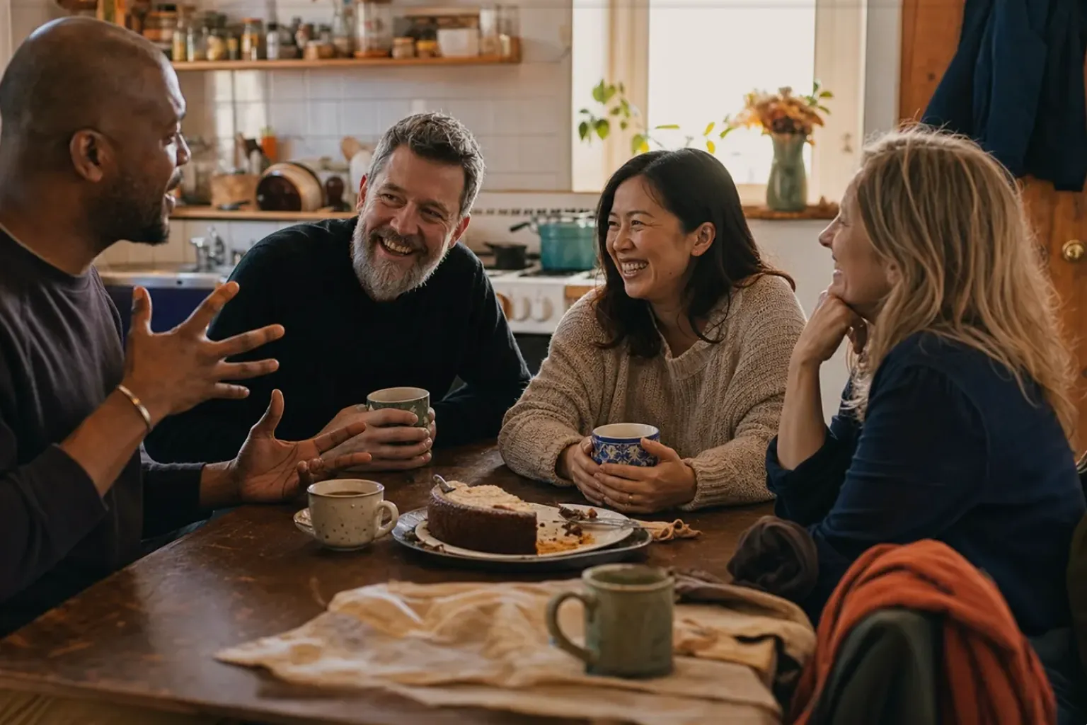 Vier erwachsene Freunde lachen gemeinsam bei Kaffee und selbst gebackenem Kuchen – gezeigt für Philips Series 5500 LatteGo EP5547/90 im Produktprofil.