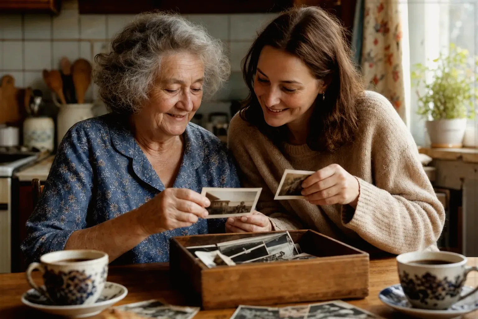 Eine ältere Frau und ihre erwachsene Enkelin betrachten bei Kaffee gemeinsam alte Familienfotos – gezeigt für Philips Series 5500 LatteGo EP5547/90 im Produktprofil.