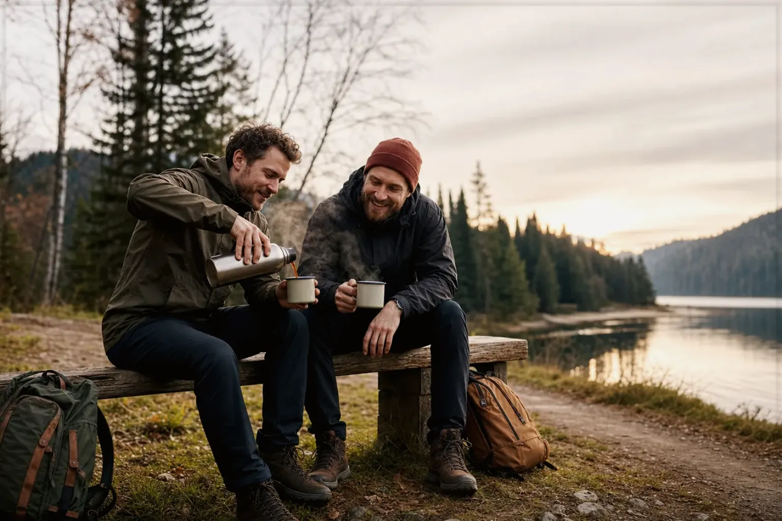 Zwei Freunde teilen auf einer Wanderung heißen Kaffee aus einer Thermoskanne am See – gezeigt für Philips Series 5500 LatteGo EP5547/90 im Produktprofil.