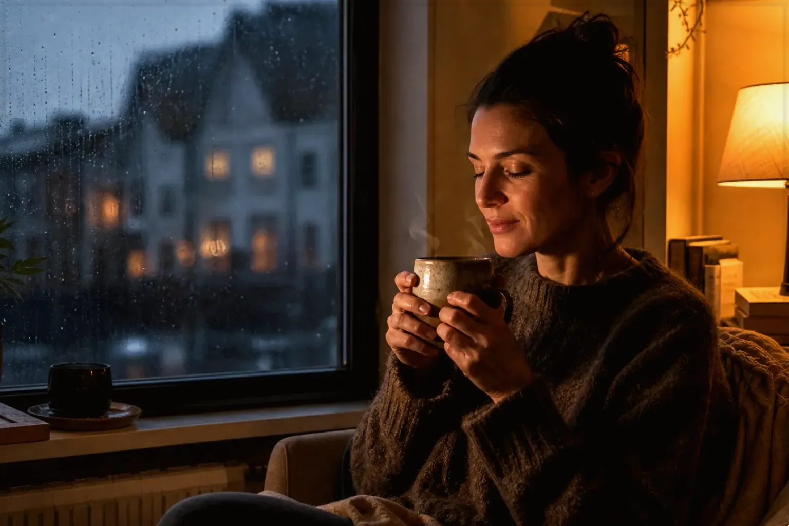Eine Frau genießt an einem regnerischen Abend ruhig eine warme Tasse Kaffee am Fenster – gezeigt für Philips Series 5500 LatteGo EP5547/90 im Produktprofil.