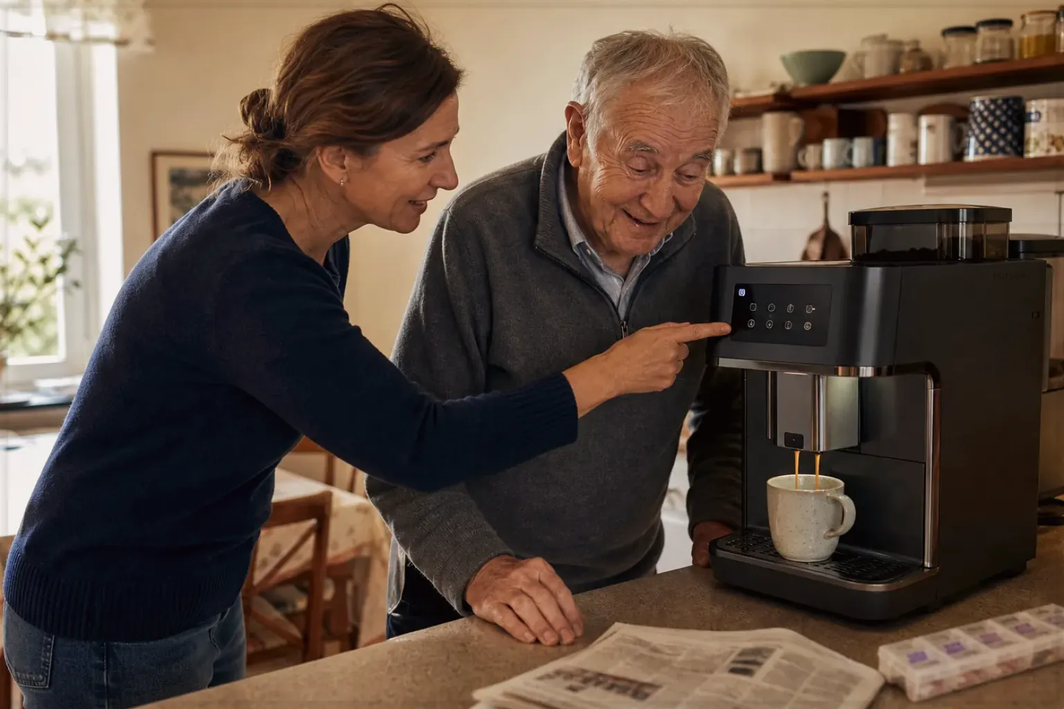 Eine erwachsene Tochter erklärt ihrem Vater verständlich die Bedienung eines Kaffeevollautomaten.