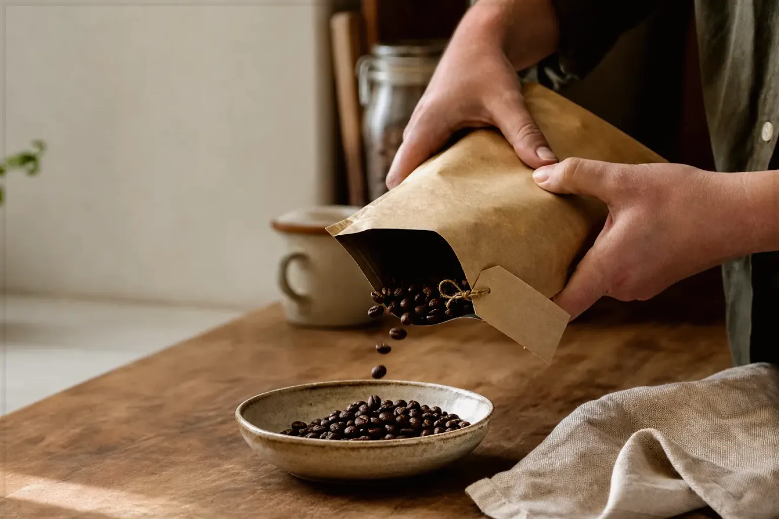 Hände füllen frisch geröstete Kaffeebohnen aus einer Papiertüte in eine Keramikschale – gezeigt für Sage Barista Express Impress im Produktprofil.