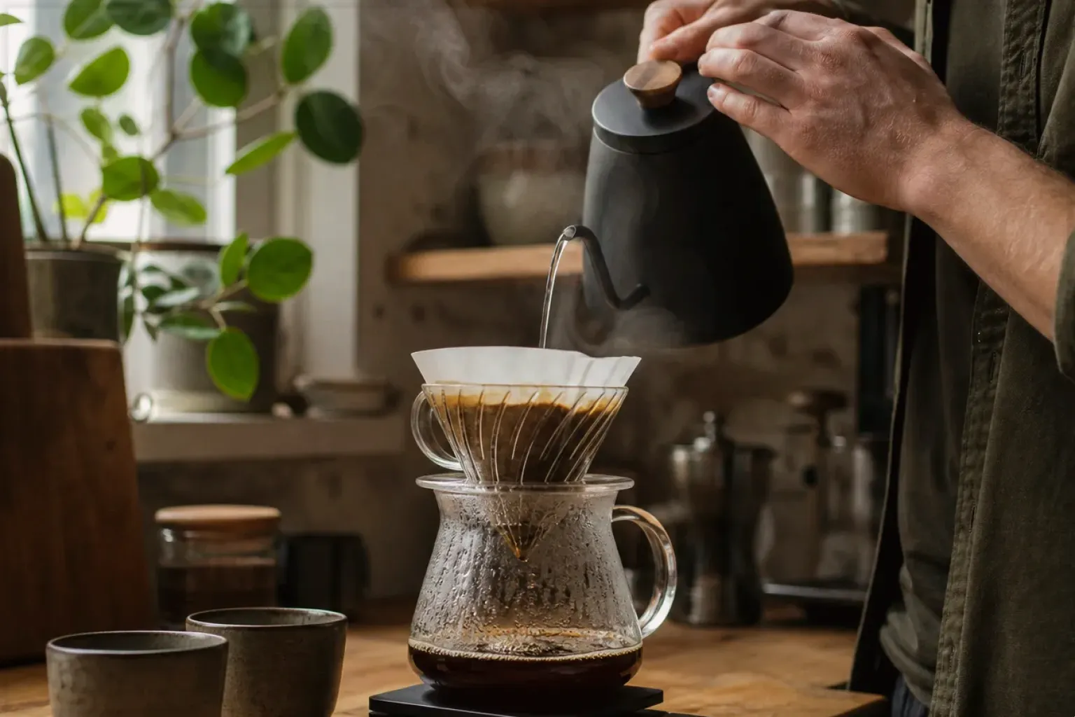 Filterkaffee wird mit einem Schwanenhalskessel von Hand in einer Küche aufgegossen – gezeigt für Sage Barista Express Impress im Produktprofil.