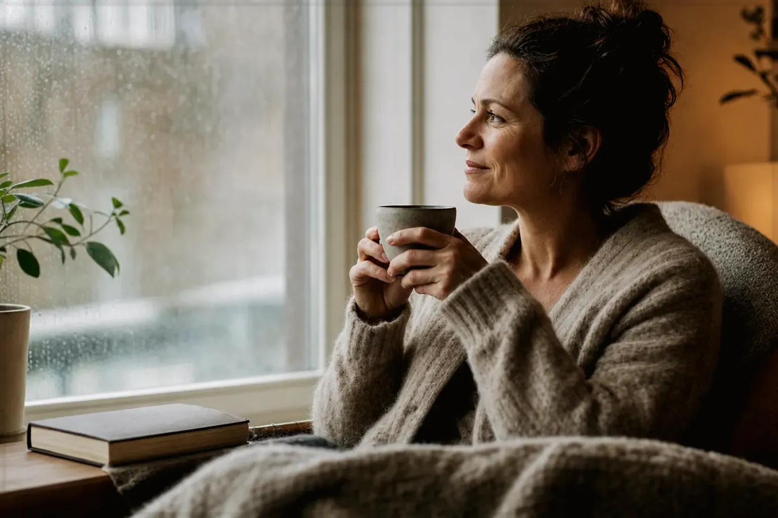 Eine Frau genießt an einem regnerischen Nachmittag ruhig eine Tasse Kaffee am Fenster – gezeigt für Sage Barista Express Impress im Produktprofil.