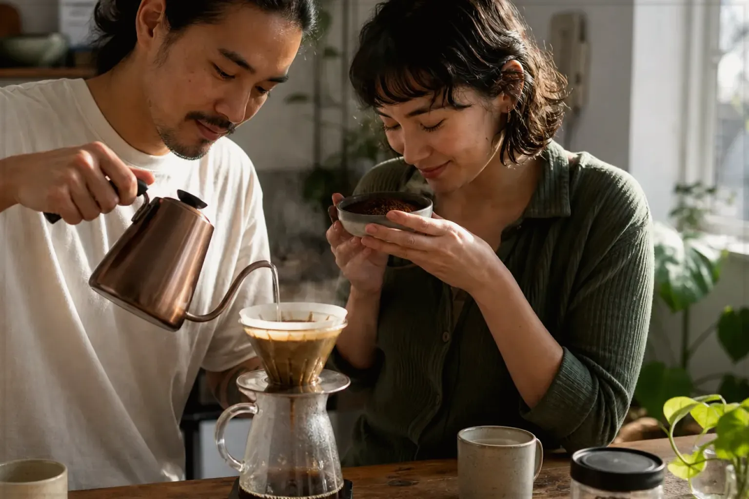 Zwei Menschen bereiten am Wochenende gemeinsam Filterkaffee mit einem Handfilter zu – gezeigt für Sage Barista Express Impress im Produktprofil.