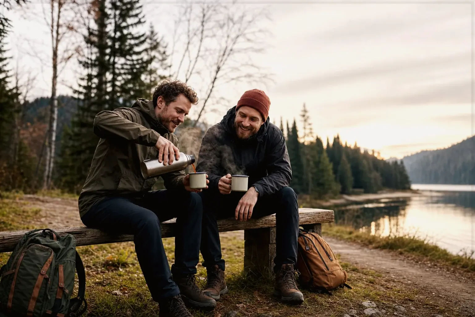 Zwei Freunde teilen auf einer Wanderung heißen Kaffee aus einer Thermoskanne am See – gezeigt für Sage Barista Express Impress im Produktprofil.