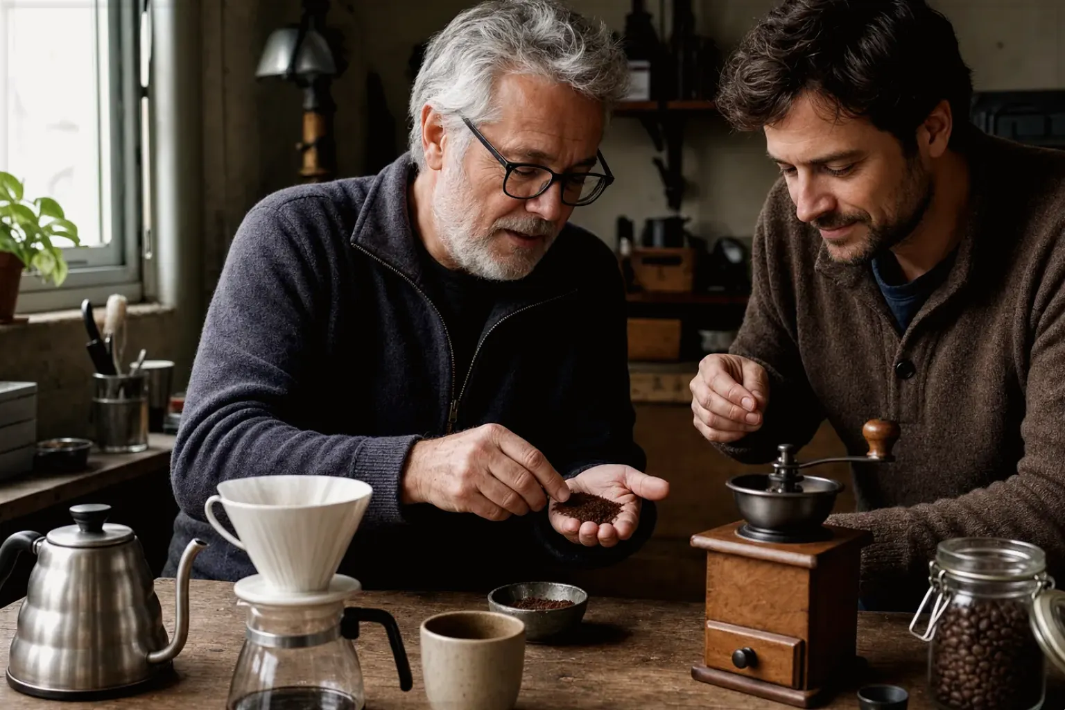 Ein älterer Kaffeeliebhaber zeigt einem jüngeren Erwachsenen gemahlenen Kaffee neben Handmühle und Filter – gezeigt für Sage Barista Express Impress im Produktprofil.