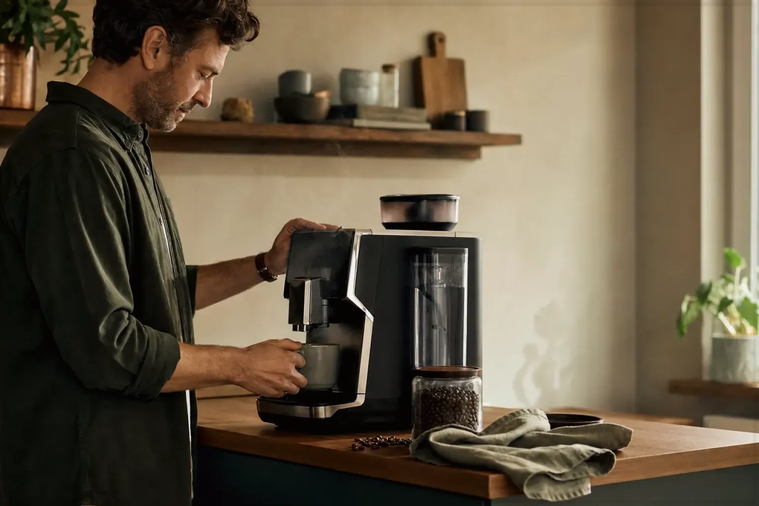 Ein Mann bereitet morgens Kaffee in seiner Küche zu – gezeigt für Sage Barista Express Impress im Produktprofil.