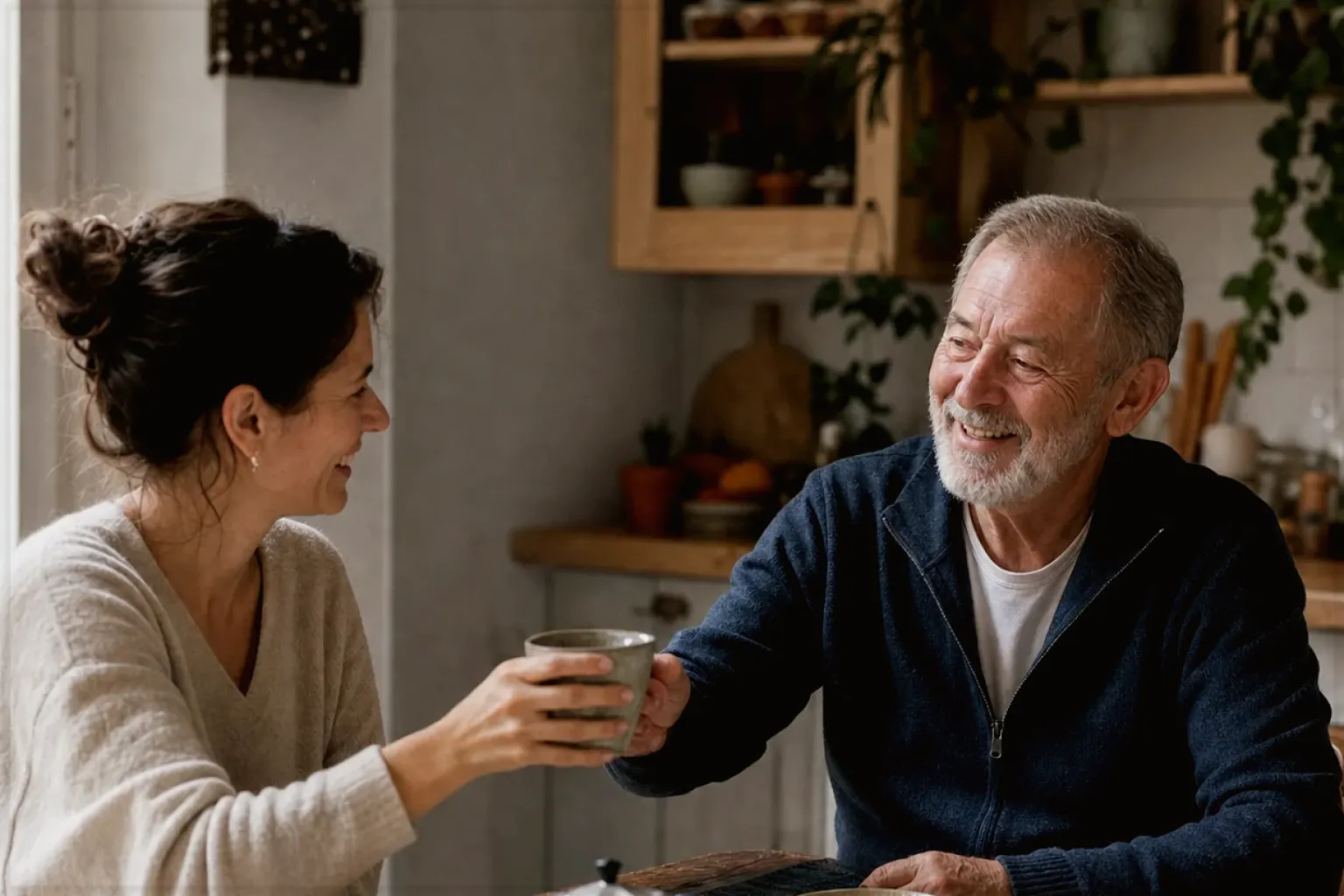 Eine erwachsene Tochter und ihr älterer Vater lachen gemeinsam beim Kaffee in ihrer Küche – gezeigt für Sage Barista Express Impress im Produktprofil.