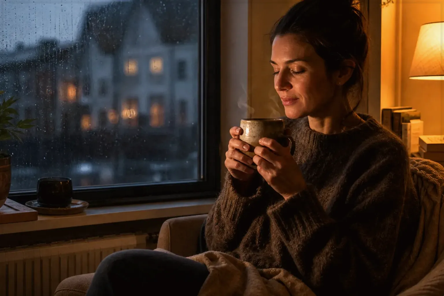 Eine Frau genießt an einem regnerischen Abend ruhig eine warme Tasse Kaffee am Fenster – gezeigt für Sage Barista Express Impress im Produktprofil.