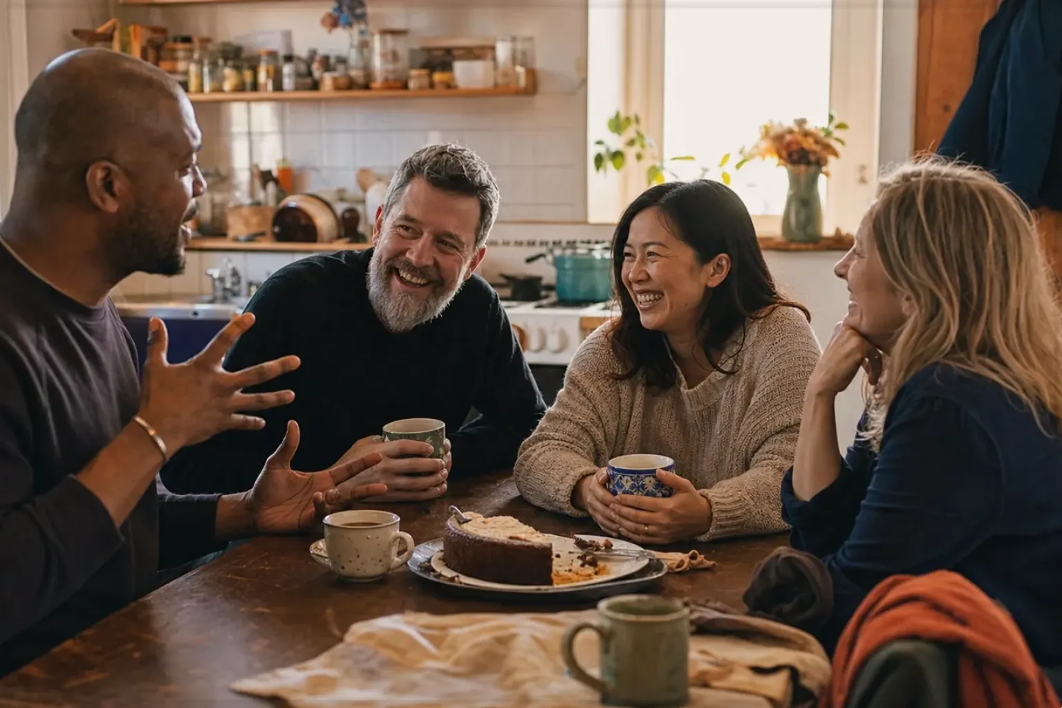 Vier erwachsene Freunde lachen gemeinsam bei Kaffee und selbst gebackenem Kuchen – gezeigt für Sage Barista Express Impress im Produktprofil.